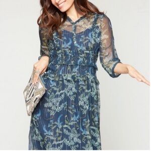 Roller Rabbit Blue Green Gold Metallic Fairytale Garden Ulla Silk Midi Dress‎ S